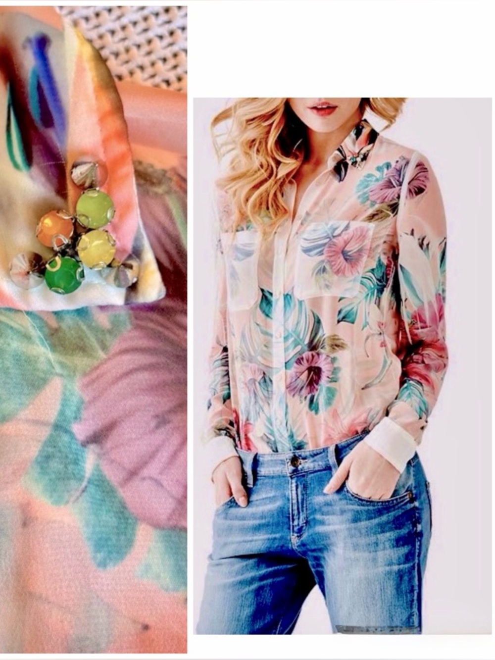 GUESS Clouis Sheer Pastel Floral Button Down Shirt w Embellished Collar